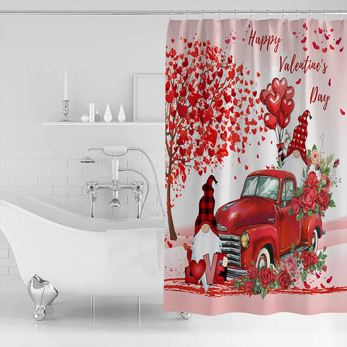 Valentines Gnome Shower Curtains Red Truck Roses Balloon Waterproof Bath Curtain Love Heart Tree Bathroom Curtain with Hooks Polyester Fabric Valentines Day Decoration 48x72inch