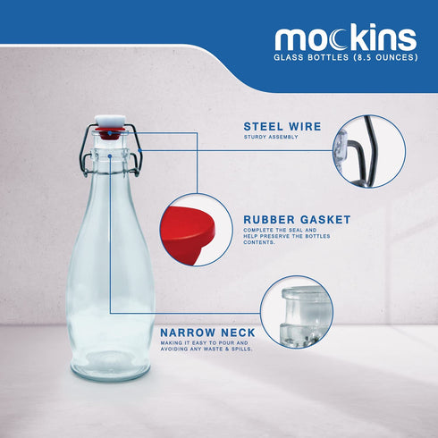 Mockins Set of 6 | 8.5 Oz. Glass Bottle Set with Swing Top Stoppers and Includes Bottle Brush , Funnel and Gold Glass Marker | Clear Glass Water Bottle