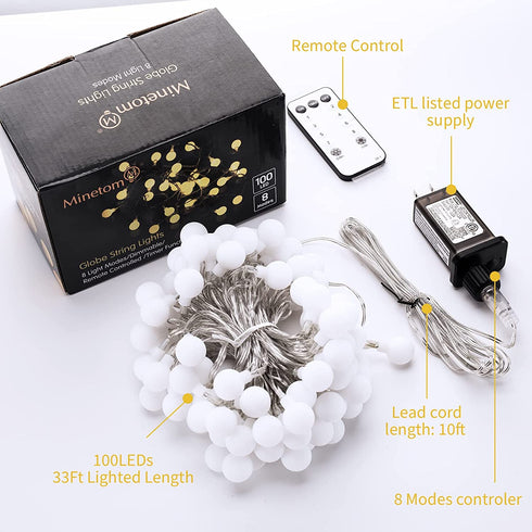 33Ft 100 LED Mini Ball String Lights, Fairy Lights with Remote, 8 Lighting Modes and Timer Function for Bedroom, Garden, Patio, Wedding, Christmas Tree, Warm White