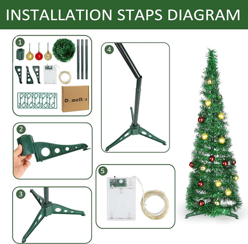DomeStar 2.9Ft Tinsel Prelit Christmas Tree, Pop Up Artificial Pencil Slim Tree with 15PCS Christmas Balls for Xmas Decor Holiday Carnival Party Decorations