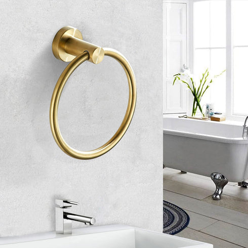 BATHSIR Gold Towel Ring, Bathroom Hand Towel Holder Wall Mount Round Brushed Gold Towel Rack Stainless Steel
