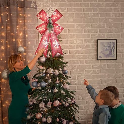 DIAGTREE 22 inch Christmas Tree Bow LED Ribbon Bows Christmas Tree Ornaments Tree Topper Christmas Decoration for Home Christmas Tree Wreaths Decoration (Snowflake)