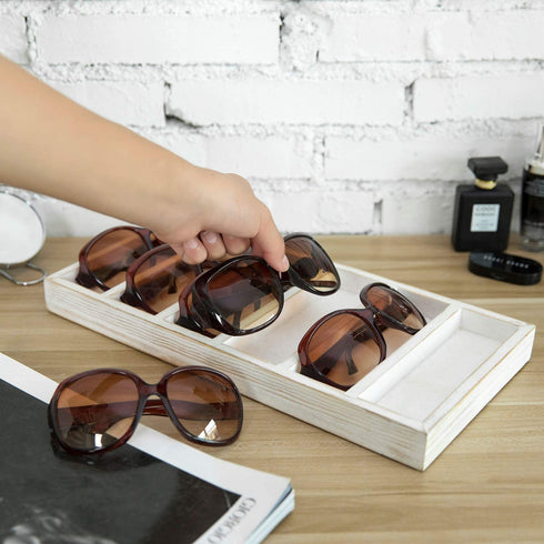 MyGift Whitewashed Wood Sunglasses Holder Storage Box with 6 Compartments, Retail Eyewear Display Tray