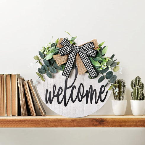KHOYIME Welcome Sign for Front Porch - Rustic Wooden Door Hanger Farmhouse Front Door Decorations for Home Restaurant (White)