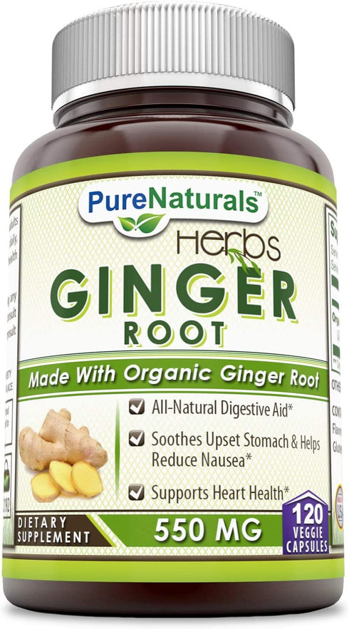 Pure Naturals Ginger Root Supplement - 550mg Capsules - Easy to Swallow Capsule - Commonly Used Natural Remedy for Nausea Due to Pregnancy & Other Conditions - 120 Pills Per Bottle