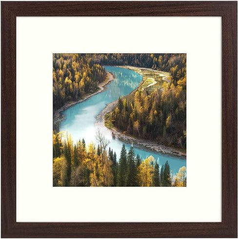 Frametory, 12x12 Picture Frame - Made to Display Pictures 8x8 Photo with Ivory Color Mat - Wide Molding - Built in Hanging Features - Preinstalled Wall Mounting Hardware (12x12, Walnut)