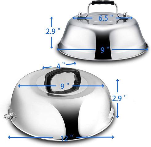 Cheese Melting Dome Set of 2, Leonyo 12" & 9" Metal Steam Basting Cover for Griddle Grill, Heavy Duty Stainless Steel Griddle Accessories for BBQ Flat Top Kitchen Cooking Hamburger, Heat Proof Handle