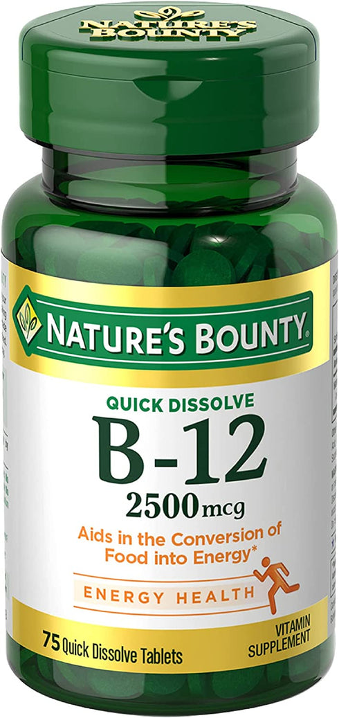 Nature’s Bounty Vitamin B12 2500 mcg, Cellular Energy Support, For Energy Metabolism, Heart & Nervous System Health, 75 Quick Dissolve Tablets