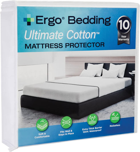 Ergo Bedding Ultimate Cotton Mattress Protector-Waterproof, Ultra Soft Breathable, Noiseless Bed Mattress Cover for Your Comfort & Protection (Queen)