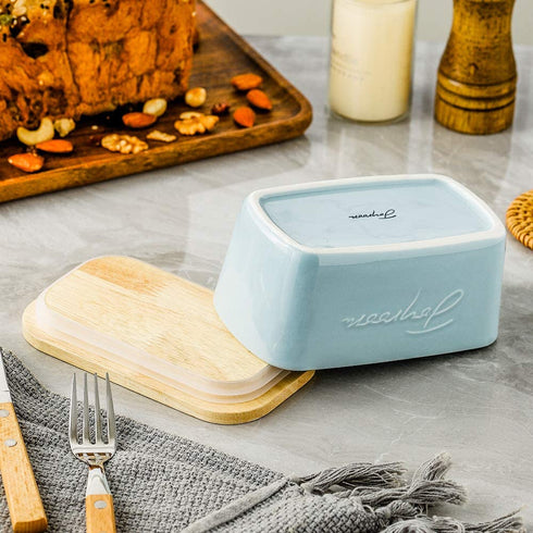 Joyroom Porcelain Large Butter Dish with Lid, Butter Dishes with Covers, Butter keeper, Butter Crock with Wooden Lid for East West Coast Butter, 6 Inch Wide, Letter Collection (Pale Blue)