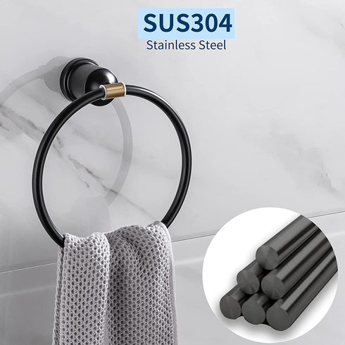 MsKorong SUS304 Stainless Steel Round Shape Black Towel Ring Hand Towel Holder Wall Mounted Rustproof Matte Black Bathroom Towel Holder for Toilet Kitchen Bathroom Hardware Accessories