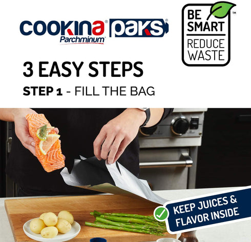 COOKINA PAKS Parchminum Reusable Cooking Bag - 100% Non-Stick Pouch, Steam Cook in Minutes, Easy to Clean and Safe for Microwaves, Electric and Gas Ovens, and Panini Grills