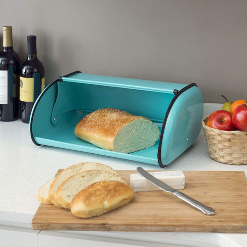 Home Basics Stainless Steel Bread Box with Roll Up Top Lid for Kitchen Counter Food Storage, Bread Bin Box Keeper Holder Also use Baked Goods, Loaf, Cookies & Buns (Turquoise)