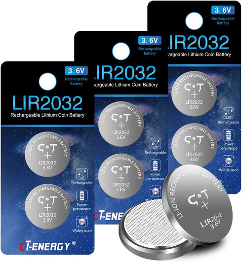 CT-ENERGY 8 Pack Lir2032 Rechargeable Coin Batteries 3.6V Rechargeable 2032 Lithium-ion Button Battery Replace 3V CR2032 Battery