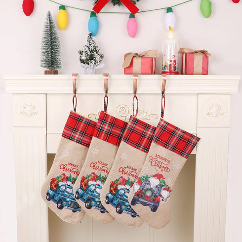 Yuokwer Christmas Stockings?Big Size 4 Pack 18-Inch Extra Long Blue Truck Burlap Stocking Xmas Hanging Stocking Character for Family Holiday Season Decor (Blue Car, 4)