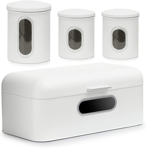 Deppon Stainless Steel Bread Box and 3-Piece Airtight Canister Set, Large Capacity with Clear Window for Kitchen Counter, White