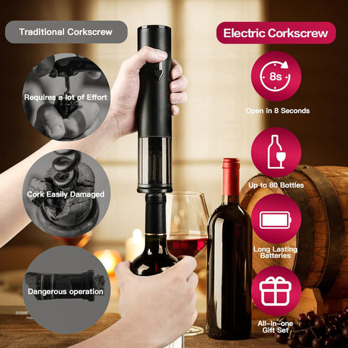 Electric Wine Opener , Automatic Corkscrew set contains Foil Cutter, Vacuum Stopper and Wine Aerator Pourer for Dating, Party and Wine lover (3 Piece Gift Set)