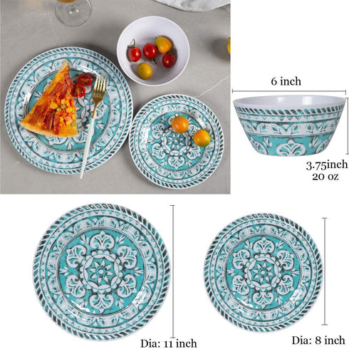 Melamine Dinnerware Set - 12pcs Dinnerware Dishes Set for Everyday Use, Dishwasher safe, Service for 4, Green