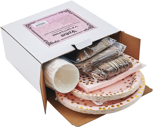 Party Supplies 175 Disposable Dinnerware Set Gold Dots on Pink Paper Plates Cups and Napkins, Gold Plastic Knives Spoons Forks for Baby Shower Wedding Party Bridal Shower