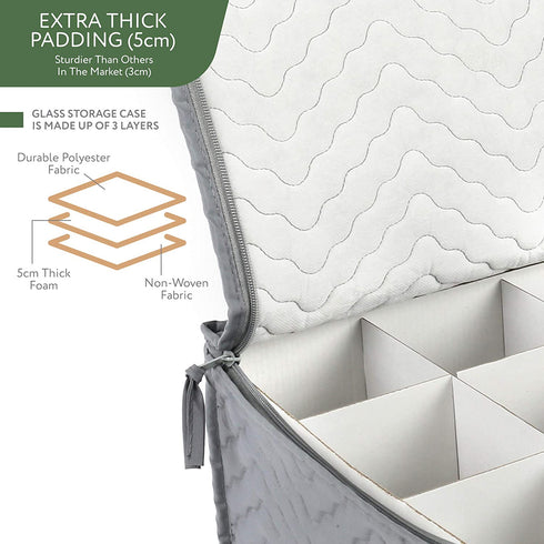 LotFancy Stemware Storage Container - Deluxe Quilted Storage Case with Dividers for 12 - Wine Glasses, Champagne Flutes, Glassware, Drinkware Storage Chest, 15.5?x12.5?x 10?, Gray