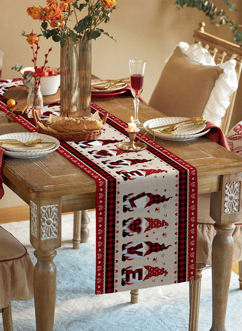 Valentine's Day Cotton Linen Table Runner Red Buffalos Check Plaid Dresser Scarves, Gnomes and Love Heart Table Runners for Farmhouse Kitchen Dinning Table Decor