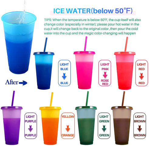 Color Changing Tumblers Cups with Lids & Straws - 7 Reusable Bulk Tumblers Plastic Cold Tumbler Cup Set for Adults Kids | 24oz Tumbler with Straw