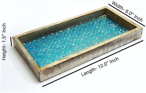nu steel Luxury Aqua Marine Mirror Mosaic & Wood Tray for Bathrooms, Countertops, Jewelry, Perfume, Storage