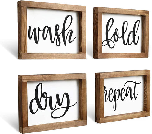 Mokof Laundry Room Decor Wash Fold Dry Repeat Mini Signs Set of 4, Farmhouse Laundry Room Decorative Sign Framed wood Wall Art, Laundry Shelf Decor, 6'' x 8'' (Brown Frame)