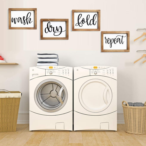Mokof Laundry Room Decor Wash Fold Dry Repeat Mini Signs Set of 4, Farmhouse Laundry Room Decorative Sign Framed wood Wall Art, Laundry Shelf Decor, 6'' x 8'' (Brown Frame)