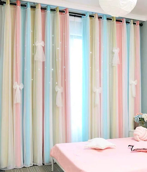 Yancorp Curtains for Girls Bedroom Kids Curtain Hollow-Out Star Window Drapes Curtain 63 inches Length Room Darkening Grommet 2 Layers (Baby Pink Blue, W52 X L63)