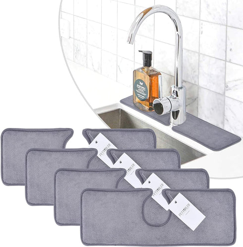 4PCS Kitchen Faucet Absorbent Mat, Fettorler Splash Guard for Sink, Microfiber Sink Splash Catcher Behind Faucet, Ultra Absorbent & Faster Drying Mat for Farmhouse, Bathroom, RV, 15 x 5.3 Inch, Grey