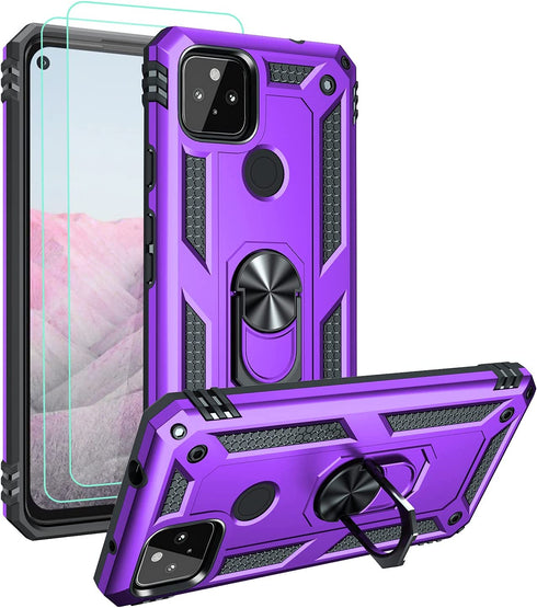 Androgate Designed for Google Pixel 5A Case with HD Screen Protectors, Military-Grade Metal Ring Holder Kickstand 15ft Drop Tested Shockproof Cover Case for Pixel 5A 5G Purple
