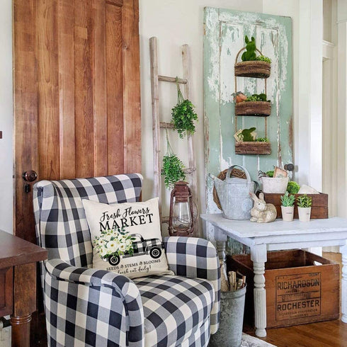 PANDICORN Modern Farmhouse Pillow Covers 18x18 Set of 4, Black Buffalo Plaid Check Home Love Heart Truck Wreath, Spring Decor Green Flower Floral, Welcome Throw Pillow Cases Outdoor Decorations