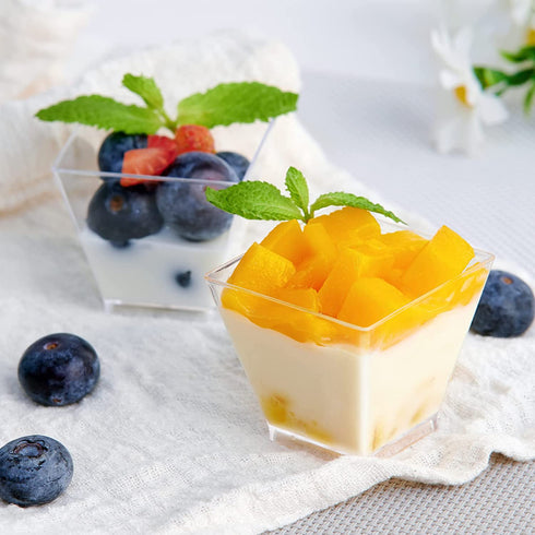 100 x 2oz Square Mini Dessert Cups with Spoons, Clear Plastic Parfait Appetizer Cup - Small Plastic Dessert Cups Reusable Serving Bowl for Tasting Party Desserts Appetizers