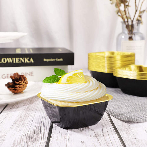 Cupcake Cups with Lids, EUSOAR 8oz 50pcs Disposable Desserts Flan, 3.5x2.7x1.6" Baking Cups with Lids, Aluminum Foil Desserts Cupcake Flan, Catering Gathering Shower Favor-Black Gold