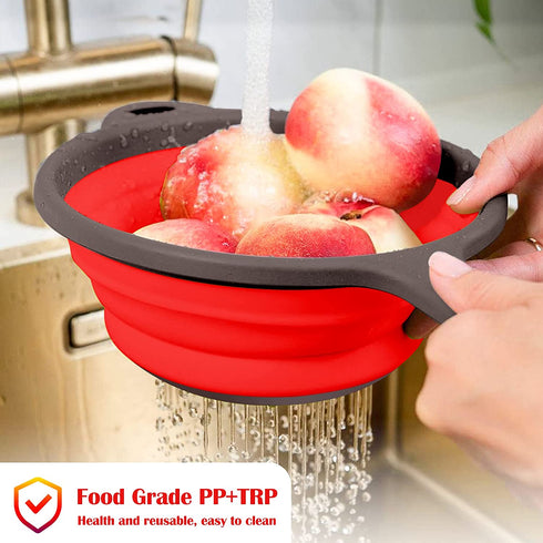 Qimh Collapsible Colander Set of 3, 1 pc 2 quart Collapsible Strainer with Handle, 1 pc 4 quart and 1 pc 2 quart Round Strainers