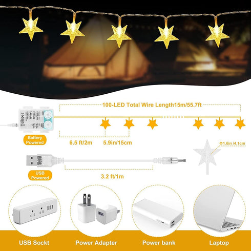 Star String Lights Battery Operated,Yogle 100LED Led Twinkle Star Lights Warm White with Remote&Timer,Plug in 10 Modes Extendable for Indoor Outdoor String Lights for Kids Bedroom Birthday Party Decor