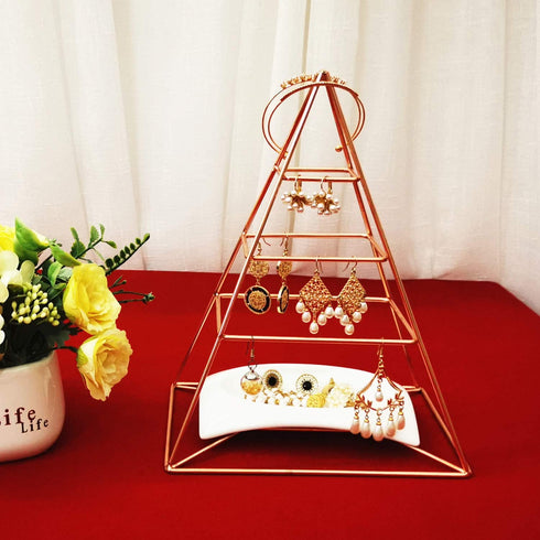 3-Tier Electroplated Metal Pyramid Design Jewelry Tower, Decorative Earring Display Stand , Rose Gold with White China Dish for Rings