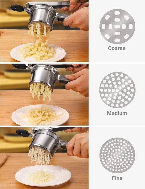 WILLIZTER Potato Ricer, Stainless Steel Potato Ricer Fruit and Vegetables Masher Food Ricer Large Capacity with 3 Interchangeable Discs & Inner Cup