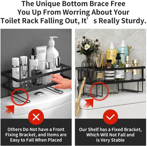 Bathroom Organizer Over The Toilet Storage Shelf, Iron Restroom Organizers with Hanging Hook & Adhesive Base, No Drilling Space Saver with Wall Mounting Design (Black)