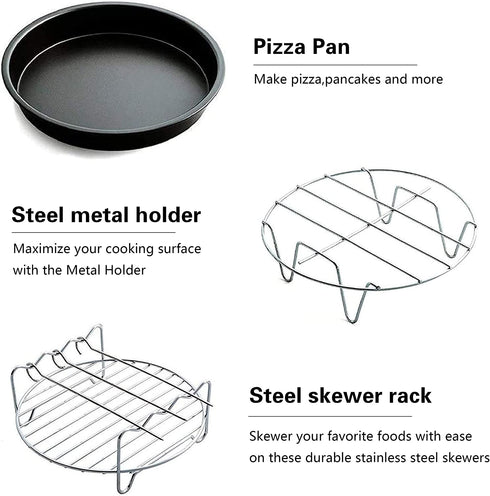 Aurkalri Air Fryer Accessories Set 5 pcs with Non-stick Barrel/Pan, Pizza Pan,Metal Holder,Roasting Racks And Silicone Mat,Fit all 3.7QT - 5.3QT(7 Inch)