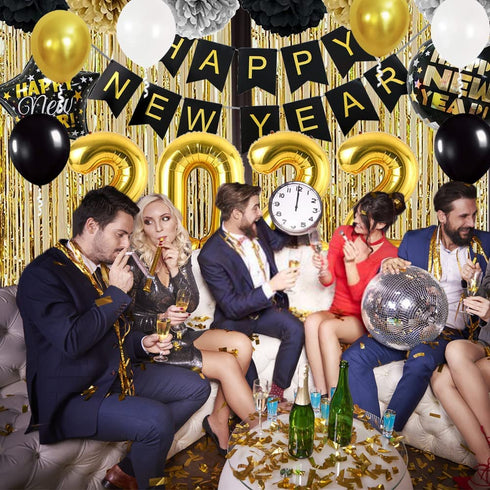 DUILE 72pc/set Happy New Year Decorations 2022 New Years Eve Party Decorations Supplies Include Paper Flower New Year Banner Balloons Curtains Foil Star Balloons for Happy New Year Party