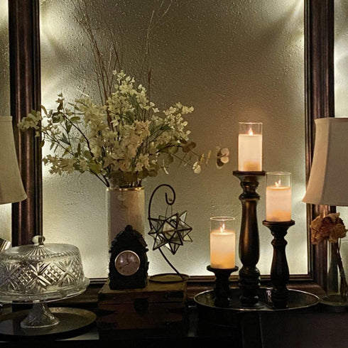 5plots 3? x 6? Ivory Flickering Flameless Candles with Clear Shell, Unbreakable Glass Battery Operated Plexiglass LED Pillar Radiance Candles with Remote Control and Timer
