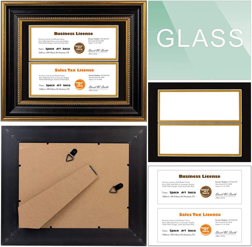Space Art Deco, 8.5x11 for Business License Frame, Black Over Gold Double Mat with Two 4x9 Business License Openings, Easel Stand, Sawtooth Hanger (Black/Ornate Gold Design)