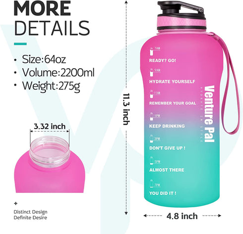 Venture Pal Half Gallon/64oz Motivational Water Bottle with Time Marker & Removable Strainer, Leakproof BPA Free Water Jug to Remind You Drink More Water, Hydrate in Style