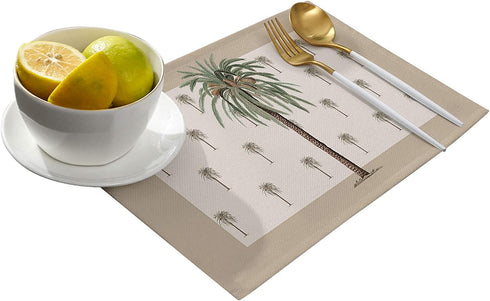 Fahome Cotton Linen Heat Resistant Placemat Set of 6, Geometric Summer Tropical Palm Trees on Brown Background, Washable Non Slip Table Mat for Dining Table Banquet Easy to Clean Home Decor