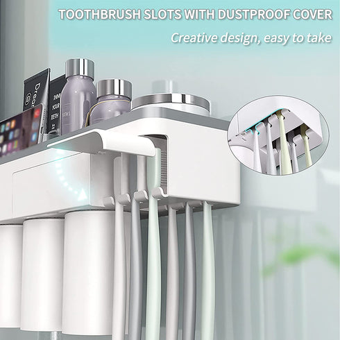 Magnetic Toothbrush Holder Wall Mount Electric Toothbrushes Slots Cosmetic Organizer and Drawer with Phone Holder