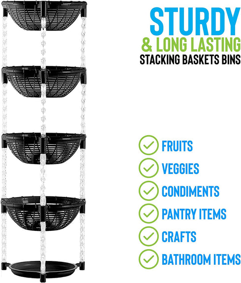 Uncluttered Designs Stacking Basket Bins (4 Tier + Plate) for Kitchen Cabinet, Pantry, Closet, Bedroom, Bathroom Organization & Storage (Black)