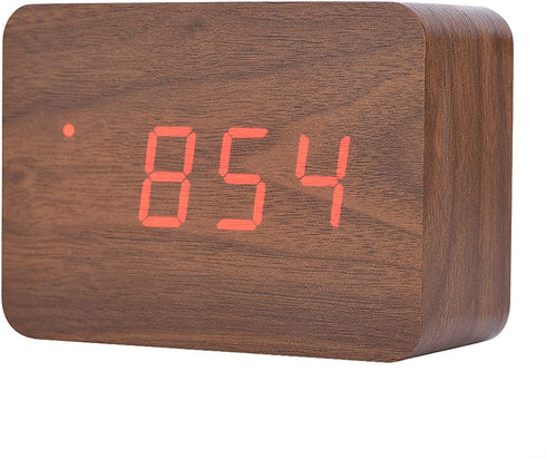 Wooden Alarm Clock, Digital Clock for Bedrooms LED Modern Wooden Cube Clock 3 Levels Brightness Temperature Display with Sounds Control (Brown)