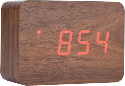 Wooden Alarm Clock, Digital Clock for Bedrooms LED Modern Wooden Cube Clock 3 Levels Brightness Temperature Display with Sounds Control (Brown)